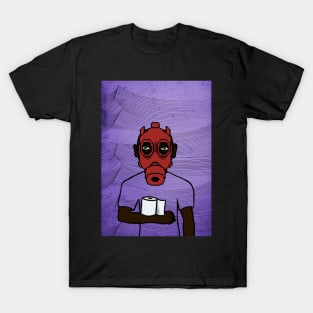 Pixelated Male Character with Green Eyes and Dark Skin Holding Toilet Paper on Waves Background T-Shirt